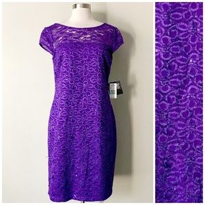NWT Nine West Sequin Floral Lace Purple Sparkly Cocktail Dress Women's Size 8